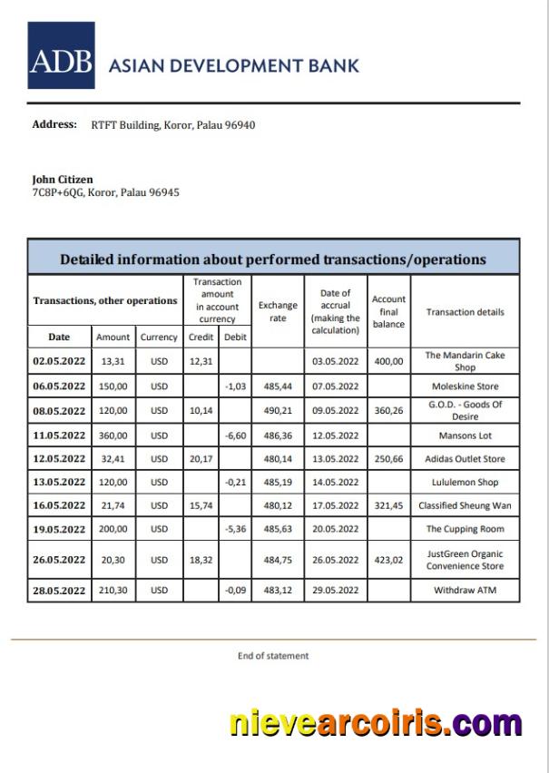 Palau ADB bank statement